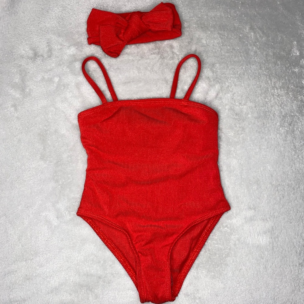 Baby Girl Red Swimsuit with Bow Headband